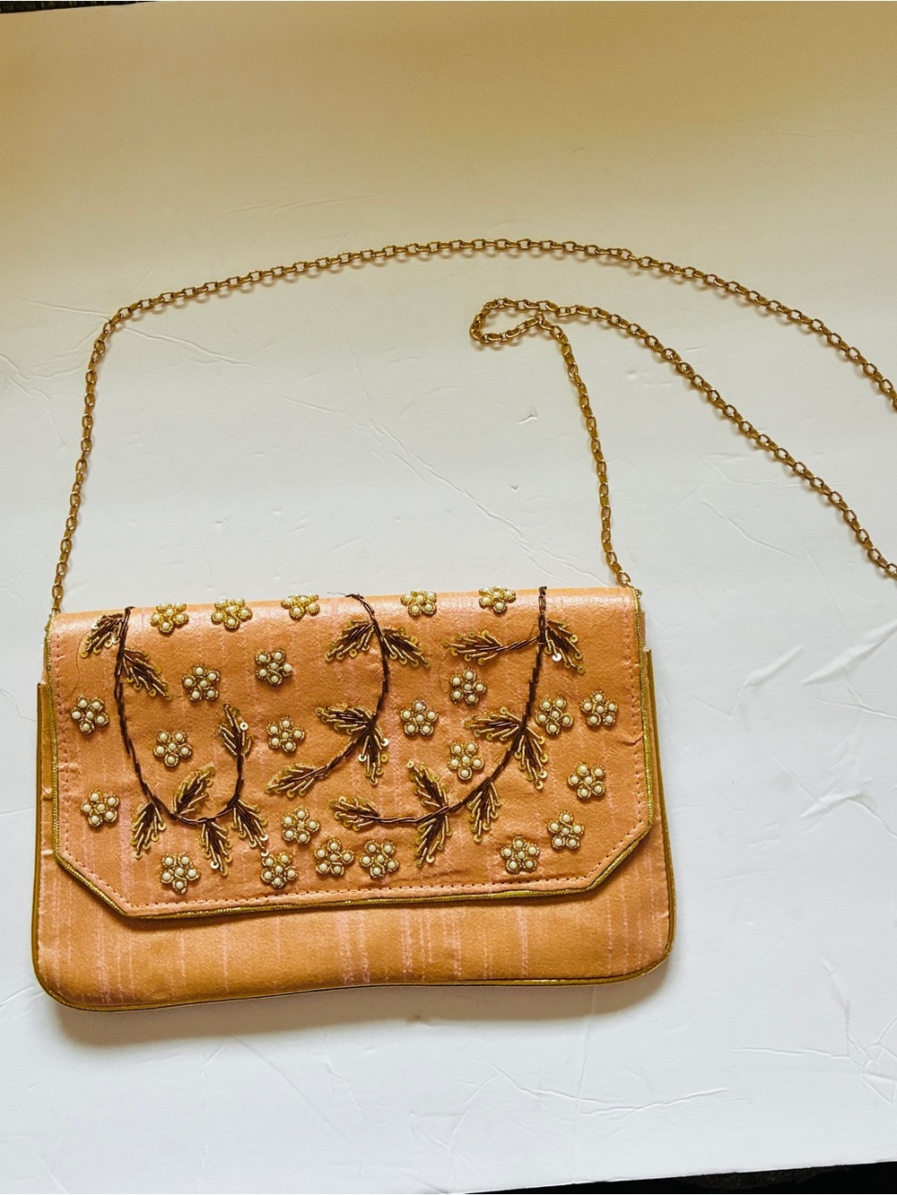 Embroidered Floral Satin Crossbody Clutch - Peach